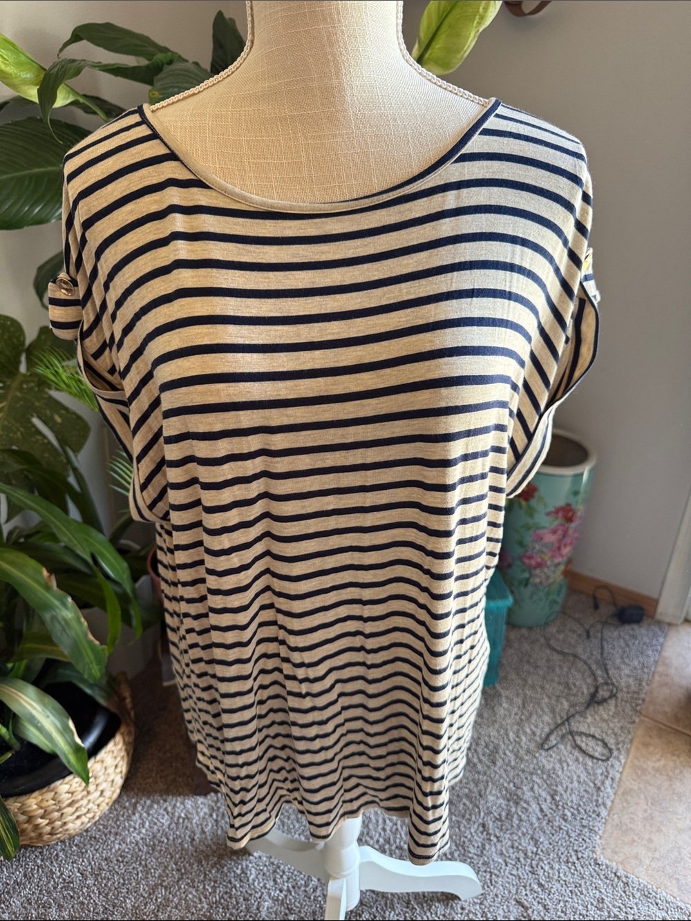 Striped Navy and Cream Short Sleeve Casual Top